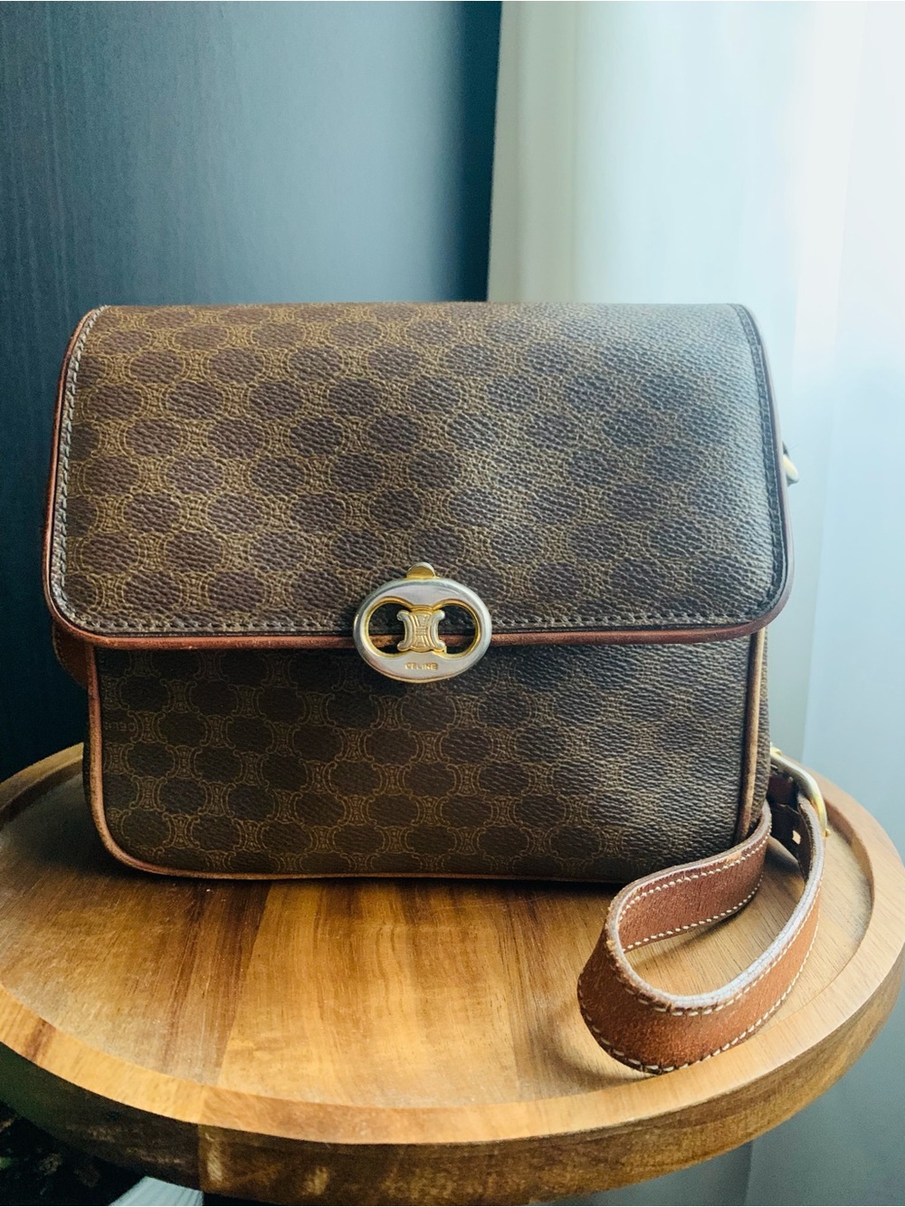 Celine Triomphe Macadam Monogram Canvas Mini Crossbody Brown with Tan Trim - Picture 5 of 15